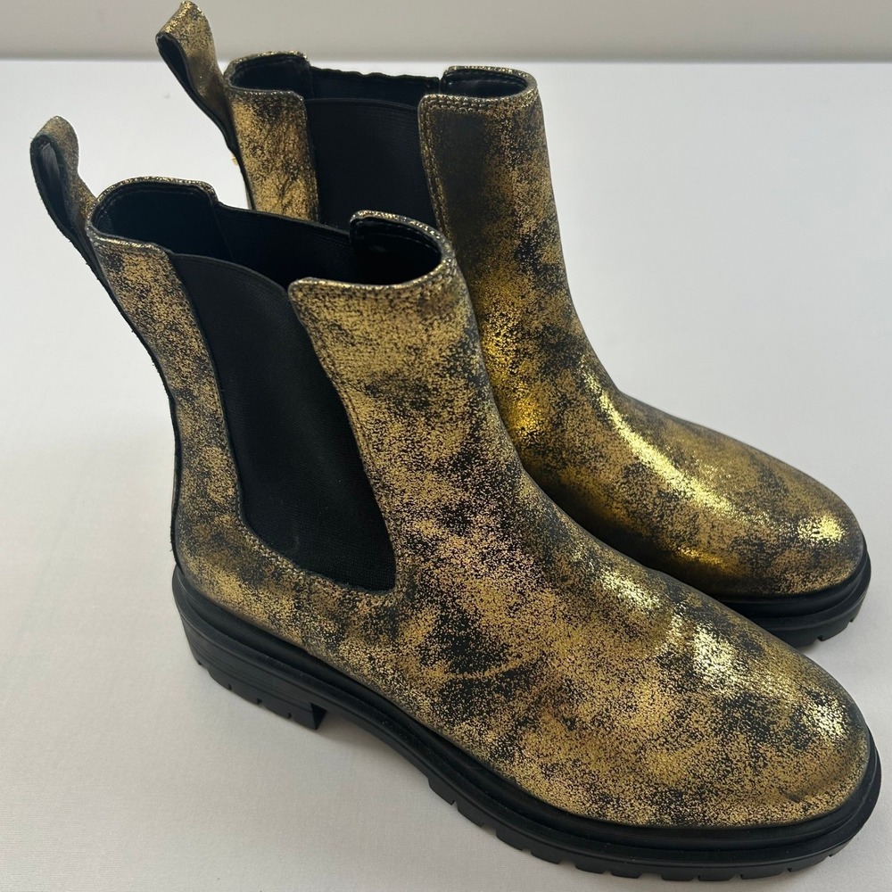 Lauren Ralph Lauren Corinne Chelsea Boots Women 8 Gold Metallic Lug Sole Leather